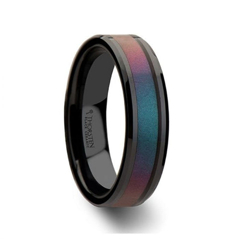 BARRACUDA Black Ceramic Ring with Bevels and Blue-Purple Color Changing Inlay - 6mm - 10mm, Men's Wedding Band, Promise Rings