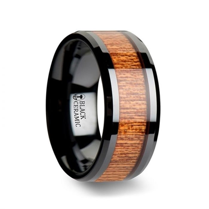 BENIN Black Ceramic Wedding Band with Polished Bevels and African Sapele Wood Inlay - 6mm - 10mm, Men's Wedding Band, Promise Rings