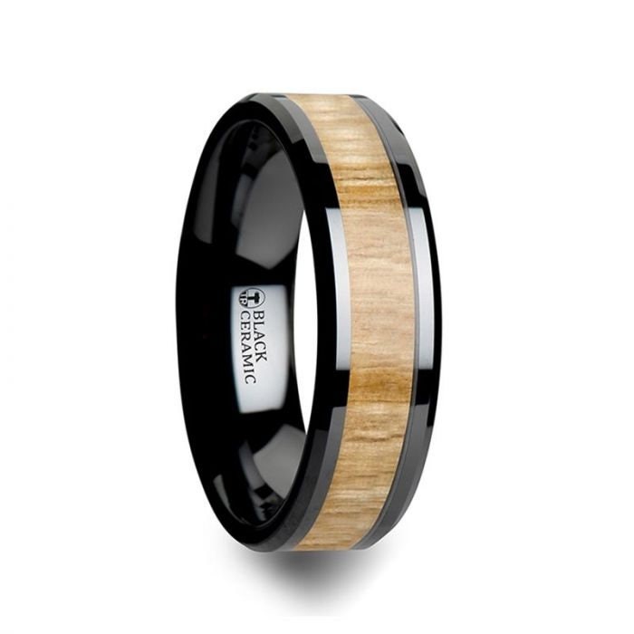 BILTMORE Black Ceramic Ring with Polished Bevels and Ash Wood Inlay - 6mm - 10mm