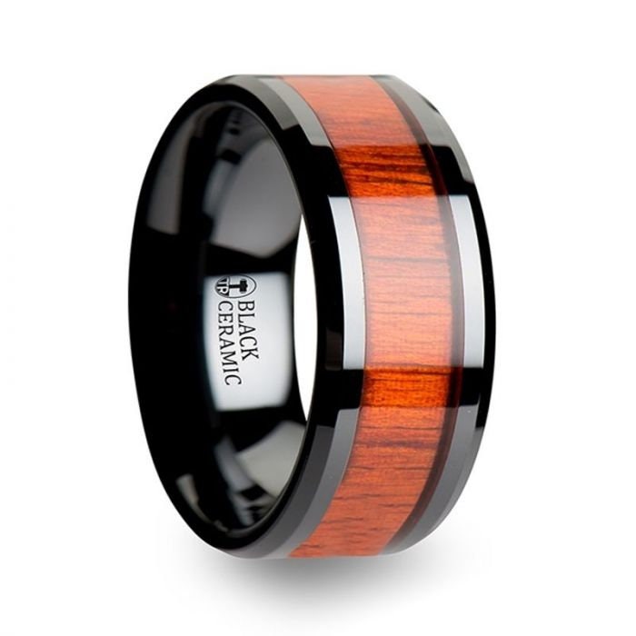 BOSULU Black Ceramic Ring with Polished Bevels and Padauk Real Wood Inlay - 6mm - 10mm, Men's Wedding Band, Promise Rings