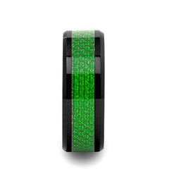 MATLAL Beveled Black Ceramic Ring with Emerald Green Carbon Fiber Inlay - 8mm