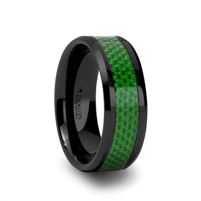 MATLAL Beveled Black Ceramic Ring with Emerald Green Carbon Fiber Inlay - 8mm, Men Wedding and Promise Rings