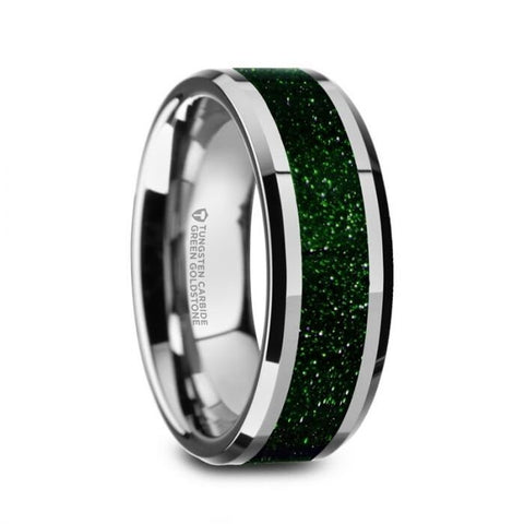 PATRICK Mens Polished Finish Beveled Edges Tungsten Wedding Band with Green Goldstone Inlay - 8mm, Men Wedding and Promise Rings