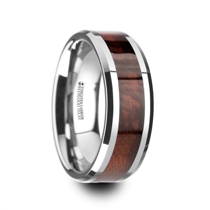 AUBURN Red Wood Inlaid Tungsten Carbide Ring with Bevels - 8mm, Men  and Women Wedding and Promise Rings.