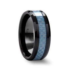 ATTICUS Beveled Blue Carbon Fiber Inlaid Black Ceramic Ring - 8mm, Men and Women Wedding and Promise Rings