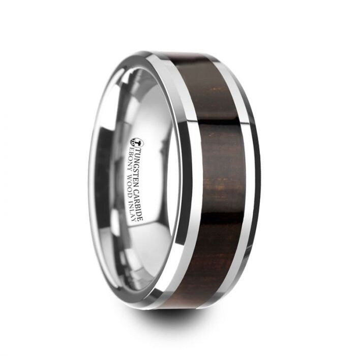 ARCANE Ebony Wood Inlaid Tungsten Carbide Ring with Bevels - 8mm, Men and Women Wedding and Promise Rings