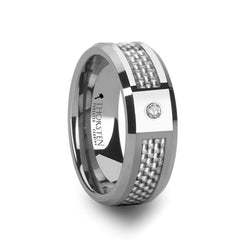 ROYCE Tungsten Wedding Band with White Carbon Fiber and White Diamond Setting - 8mm, men and women wedding and promise rings.