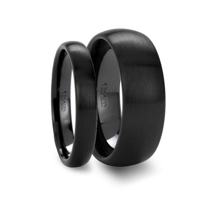 Matching Rings Set Domed Brush Finished Black Ceramic Wedding Band - 4mm & 8mm. Men and Women Wedding and Promise Rings.