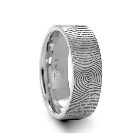 FINGERPRINT ENGRAVED Matching Rings Set Fingerprint Engraved Flat Pipe Cut Tungsten Ring Brushed Ring 4mm  8mm. Men & Women Wedding Rings