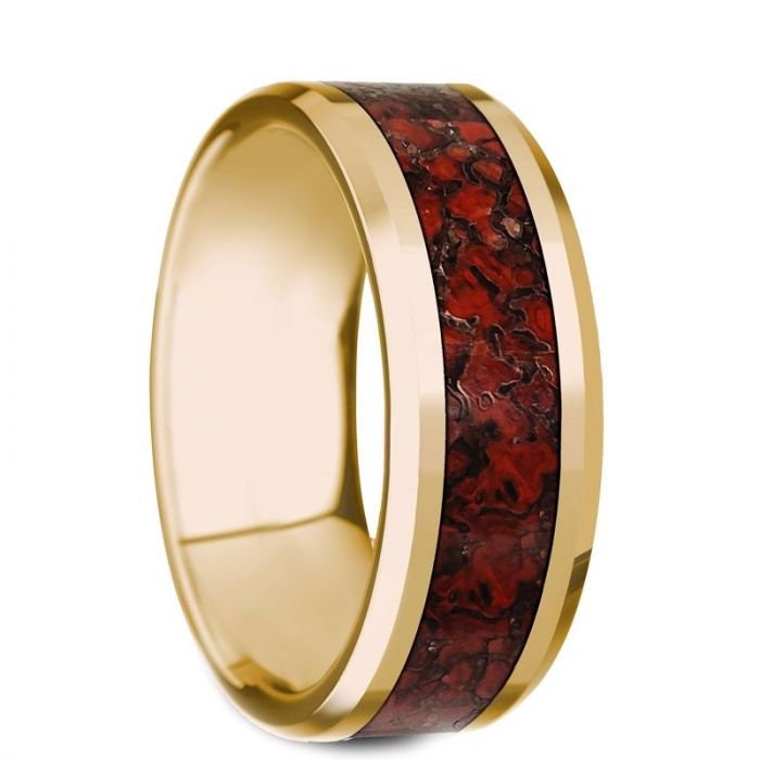 PYRA Beveled Polished 14K Yellow Gold Red Dinosaur Bone - 8mm, Men and Women Wedding and Promise Rings.