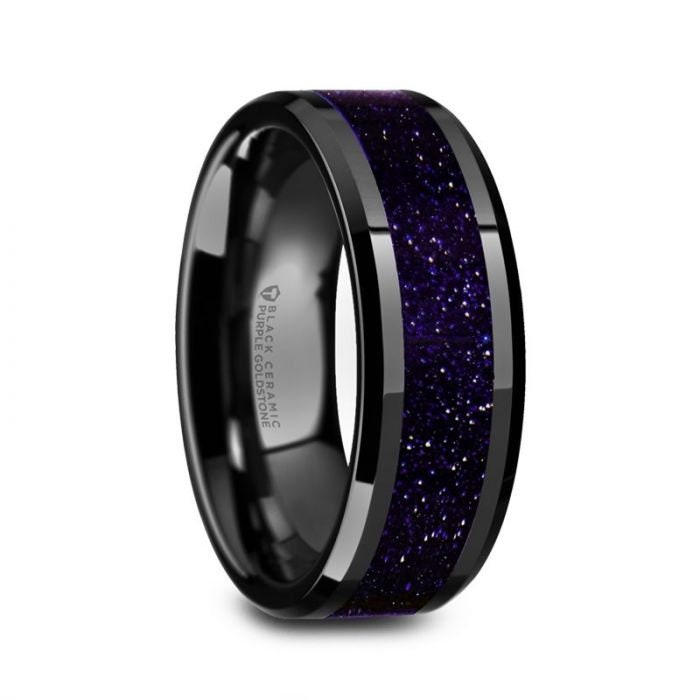 MELO Black Ceramic Beveled Polished Men’s Wedding Band with Purple Goldstone Inlay - 8mm, Men and Women Wedding and Promise Rings.