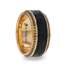 HYPERION Lava Inlaid 10K Yellow Gold Wedding Ring Polished Beveled Edges Set with Round Black Diamonds - 10mm.