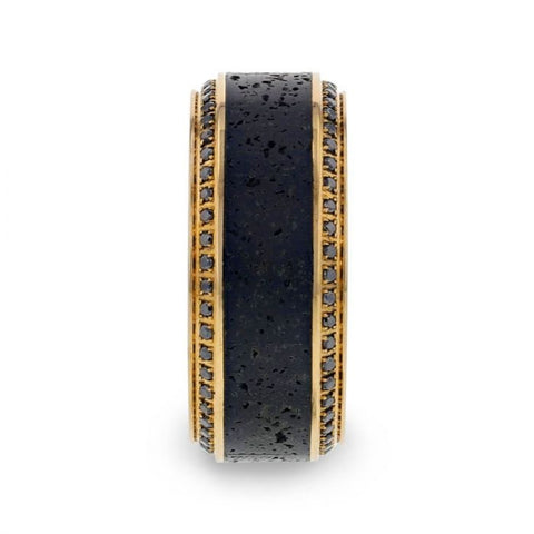 HYPERION Lava Inlaid 10K Yellow Gold Wedding Ring Polished Beveled Edges Set with Round Black Diamonds - 10mm.