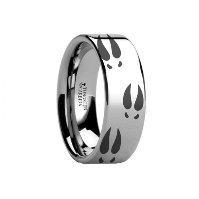 Deer Print Animal Track Ring Engraved Flat Tungsten Ring - 4mm - 12mm, Men Wedding and Promise Rings