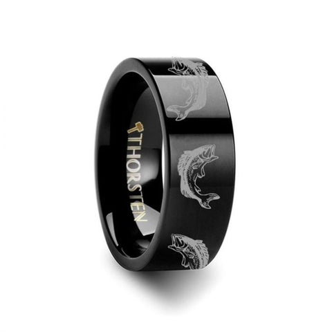 Bass Fish Jumping Sea Print Pattern Ring Engraved Flat Black Tungsten Ring - 4mm - 12mm, Men Wedding and Promise Rings