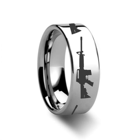 AR-15 Firearm AR15 Design Ring Engraved Flat Tungsten Ring - 6mm - 8mm, Men Wedding and Promise Rings