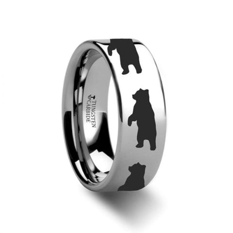 Standing Bear Print Ring Engraved Flat Tungsten Ring - 4mm - 12mm, Men Wedding and Promise Rings