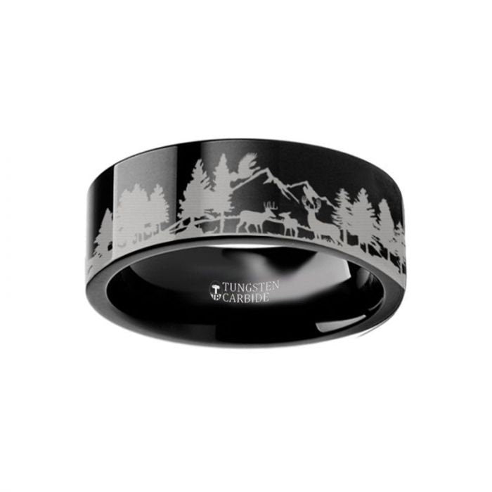 Animal Scene Reindeer Deer Stag Mountain Range Canvas Ring Engraved Flat Black Tungsten Ring - 4mm - 12mm, Men Wedding and Promise Rings