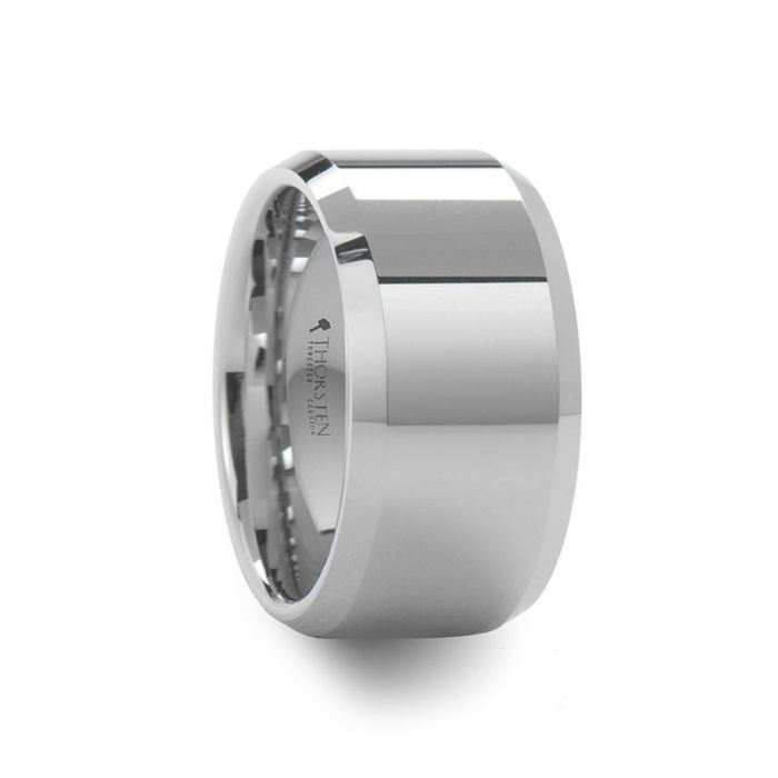 LICHFIELD Beveled Polished White Tungsten Carbide Ring - 12mm, Men Wedding and Promise Rings