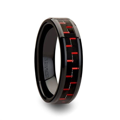 ANTONIUS Beveled Black Ceramic Ring with Black & Red Carbon Fiber - 6mm and 8mm, Men's Wedding Band, Promise Rings