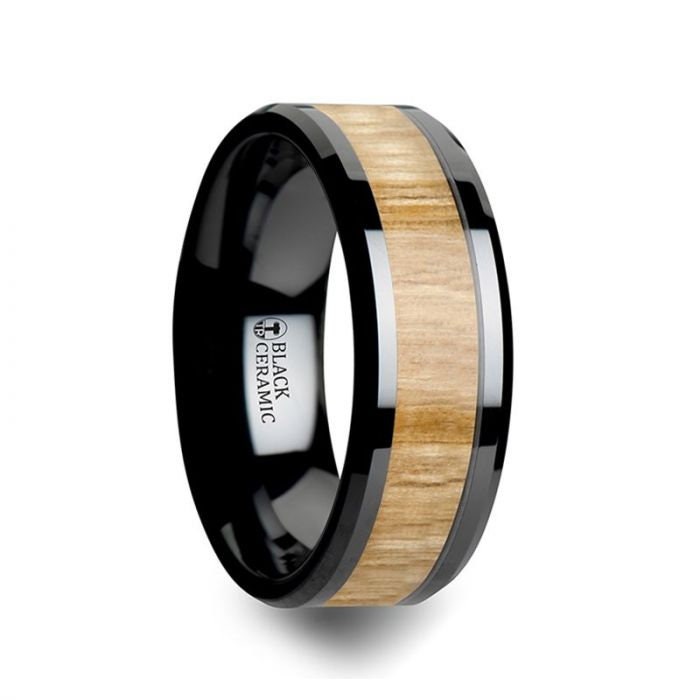 BILTMORE Black Ceramic Ring with Polished Bevels and Ash Wood Inlay - 6mm - 10mm, Men's Wedding Band, Promise Rings