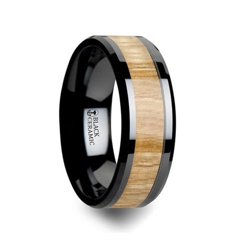 BILTMORE Black Ceramic Ring with Polished Bevels and Ash Wood Inlay - 6mm - 10mm, Men's Wedding Band, Promise Rings