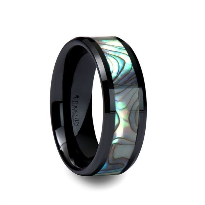 OAHU Beveled Black Ceramic Ring with Shell Inlay - 8mm, Men Wedding and Promise Rings