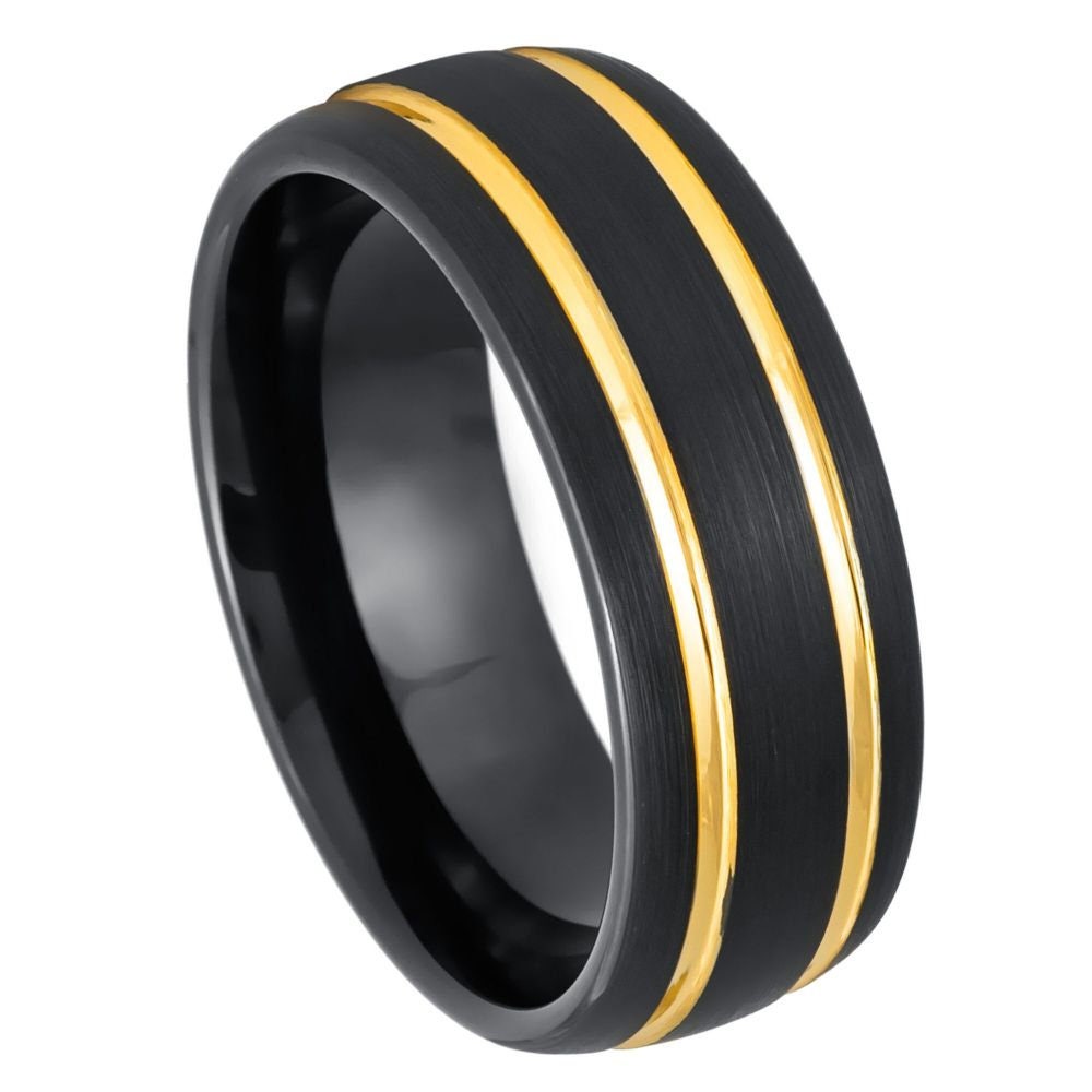 Domed Black IP with Two Yellow IP Grooves- 8mm Tungsten Tungsten Ring