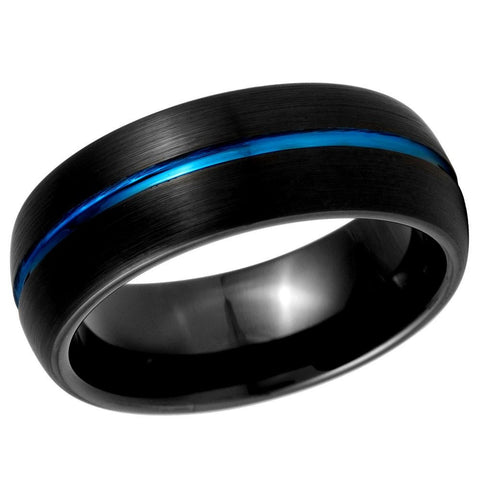 Domed Black IP Tungsten Band with Blue IP Center Groove- 8mm Tungsten Tungsten Ring