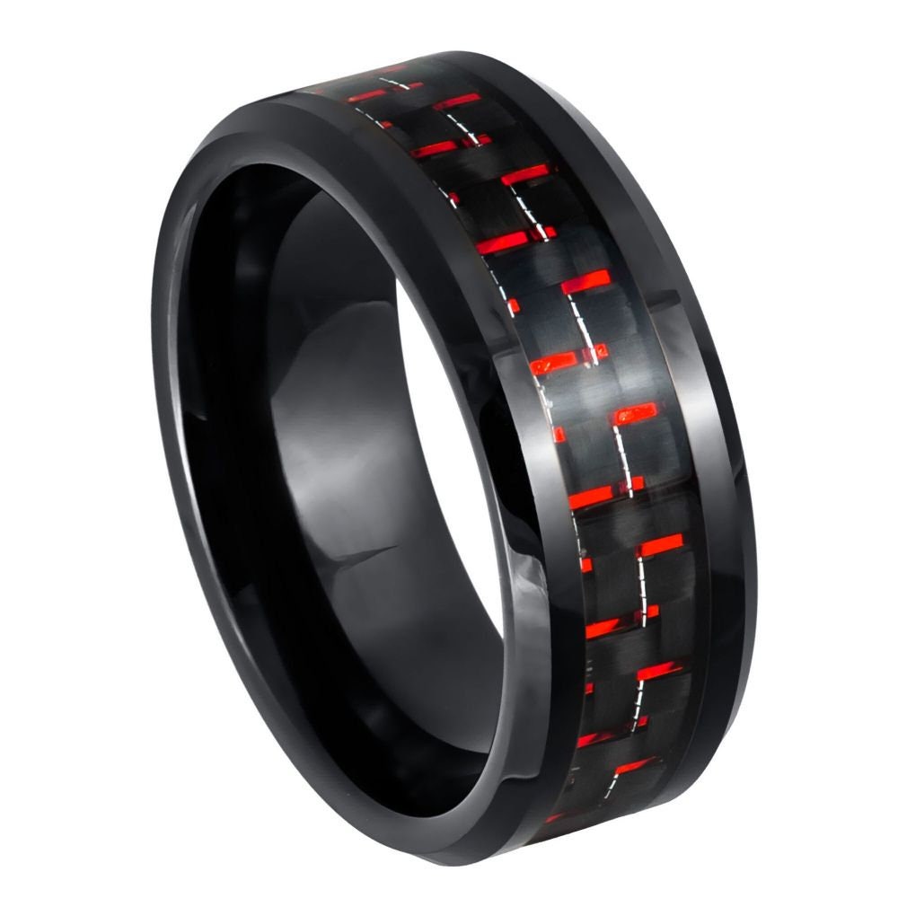 Black IP Plated with Red and Black Carbon Fiber Inlay- 8mm Tungsten Tungsten Ring