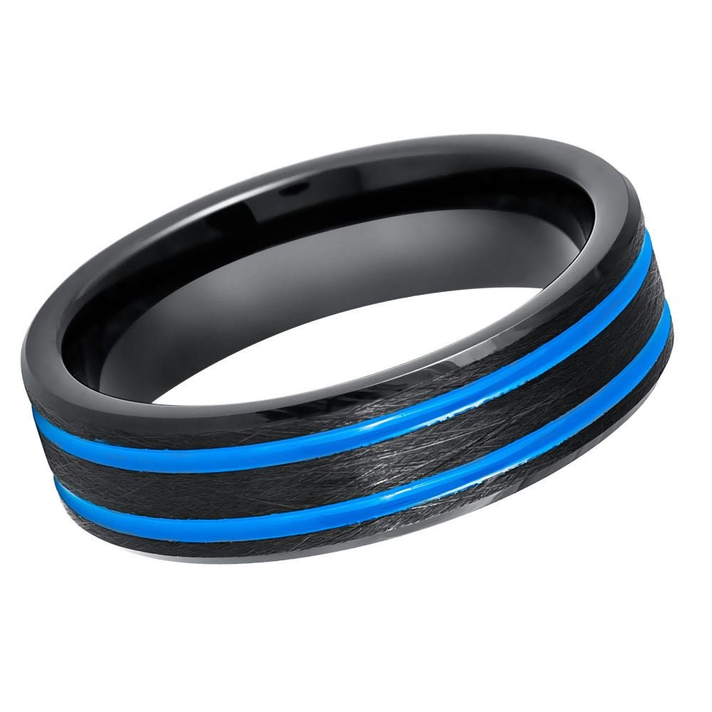 Black IP Beveled Edge with Ice Blue IP Off Center Grooves 6mm Tungsten Tungsten Ring