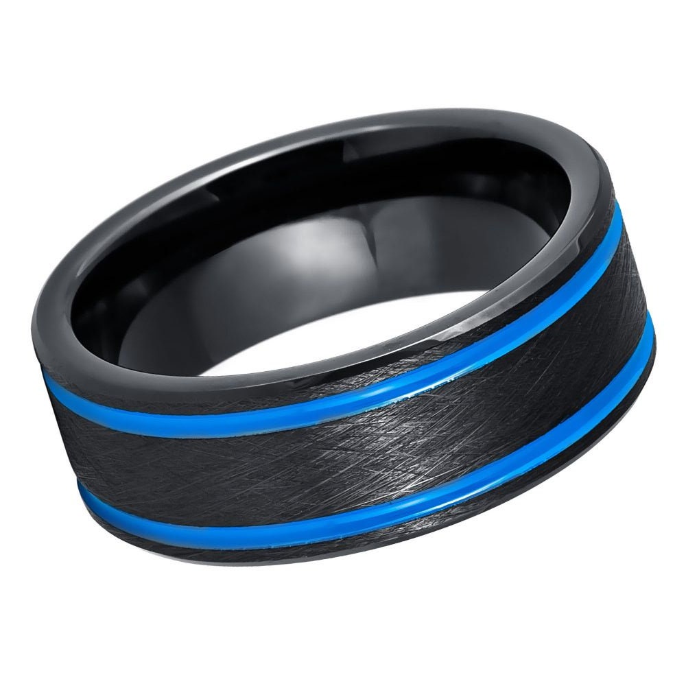 Black IP Beveled Edge with Ice Blue IP Off Center Grooves 8mm Tungsten Tungsten Ring