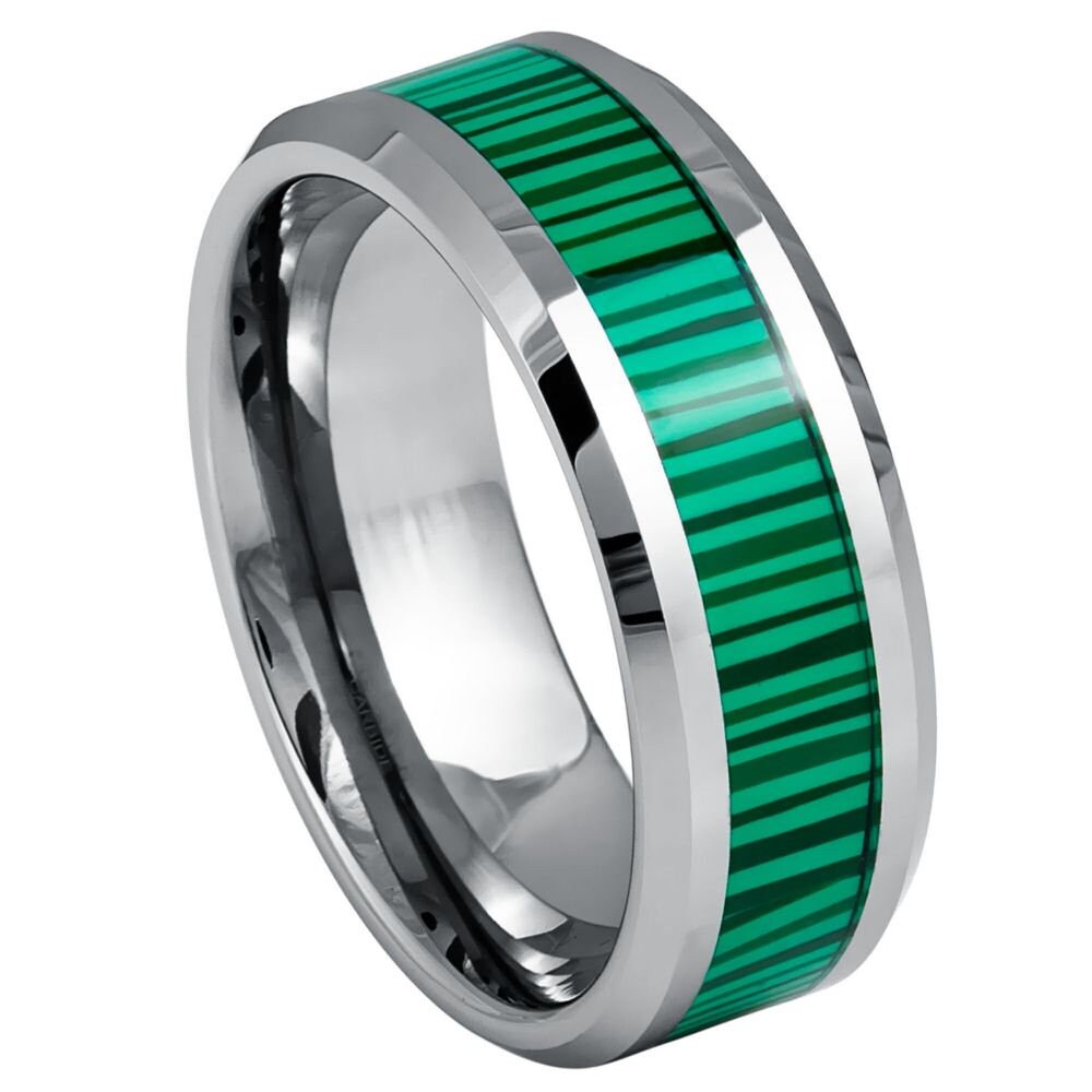 Men's Beveled Edge With Green Faux Malachite 01 Inlay- 8mm Tungsten Tungsten Ring