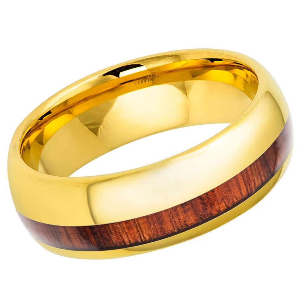 Yellow Gold IP Plated with Koa Wood Inlay- 8mm Tungsten Tungsten Ring