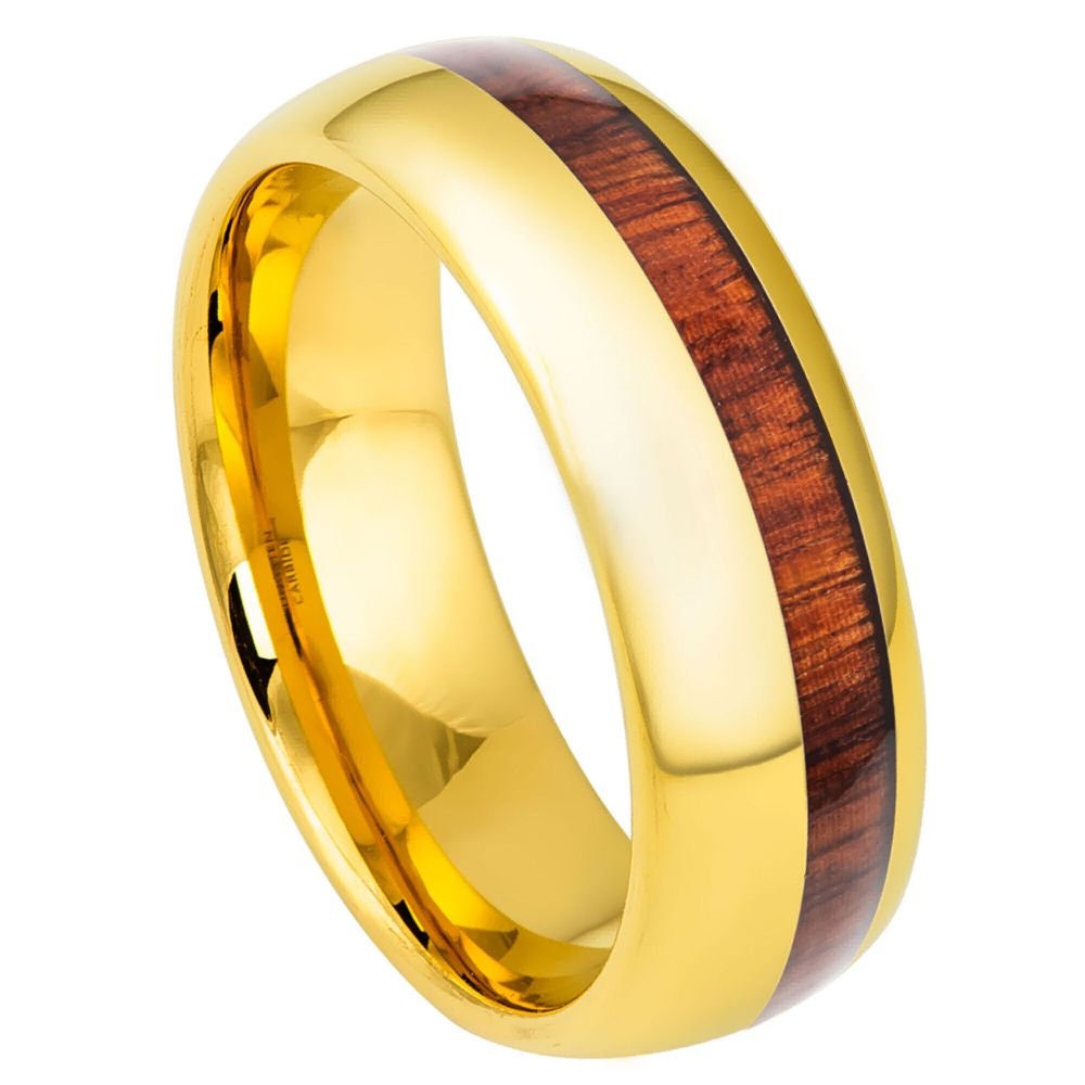 Yellow Gold IP Plated with Koa Wood Inlay- 8mm Tungsten Tungsten Ring