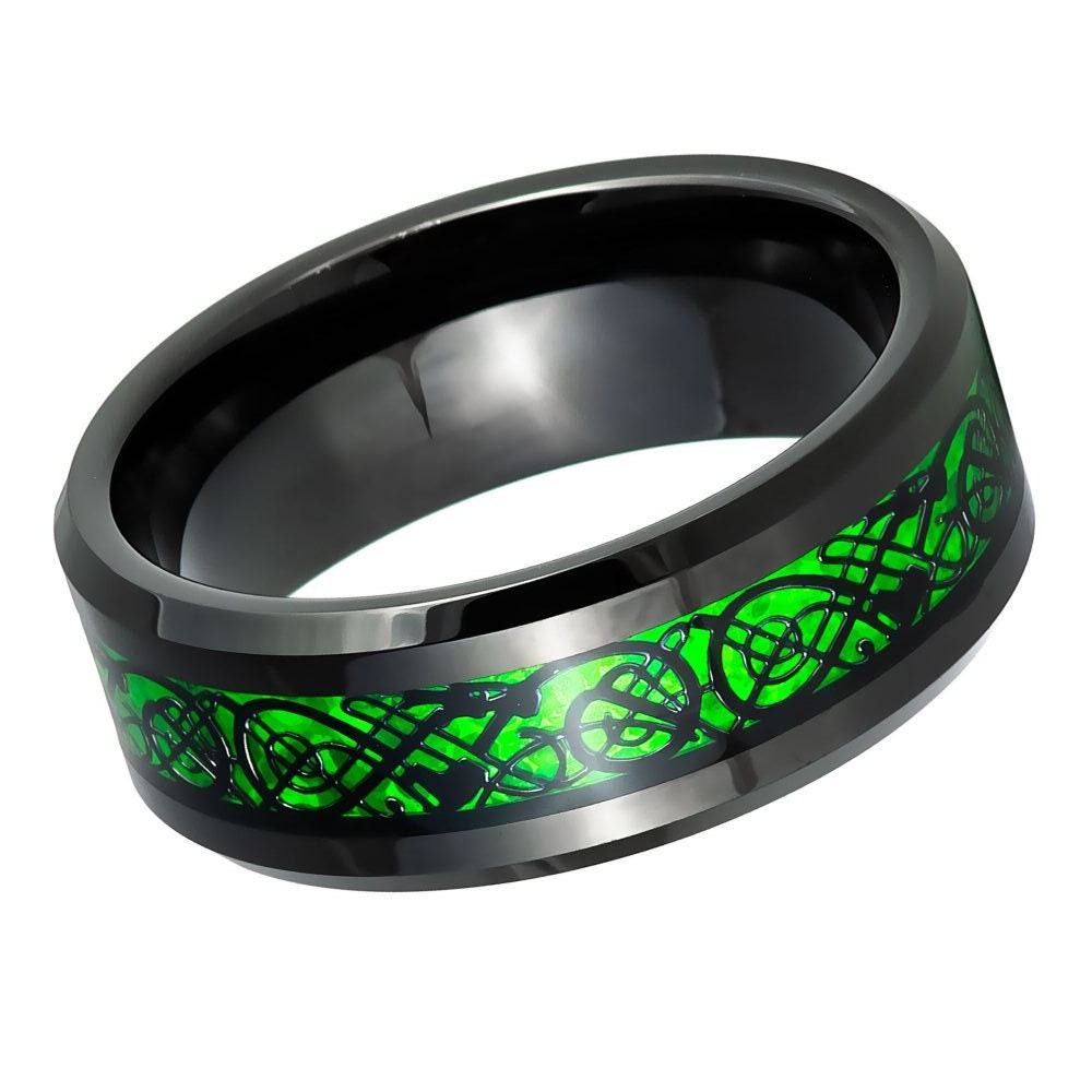 Black IP and Green Celtic Dragon Inlay- 8mm Tungsten Tungsten Ring