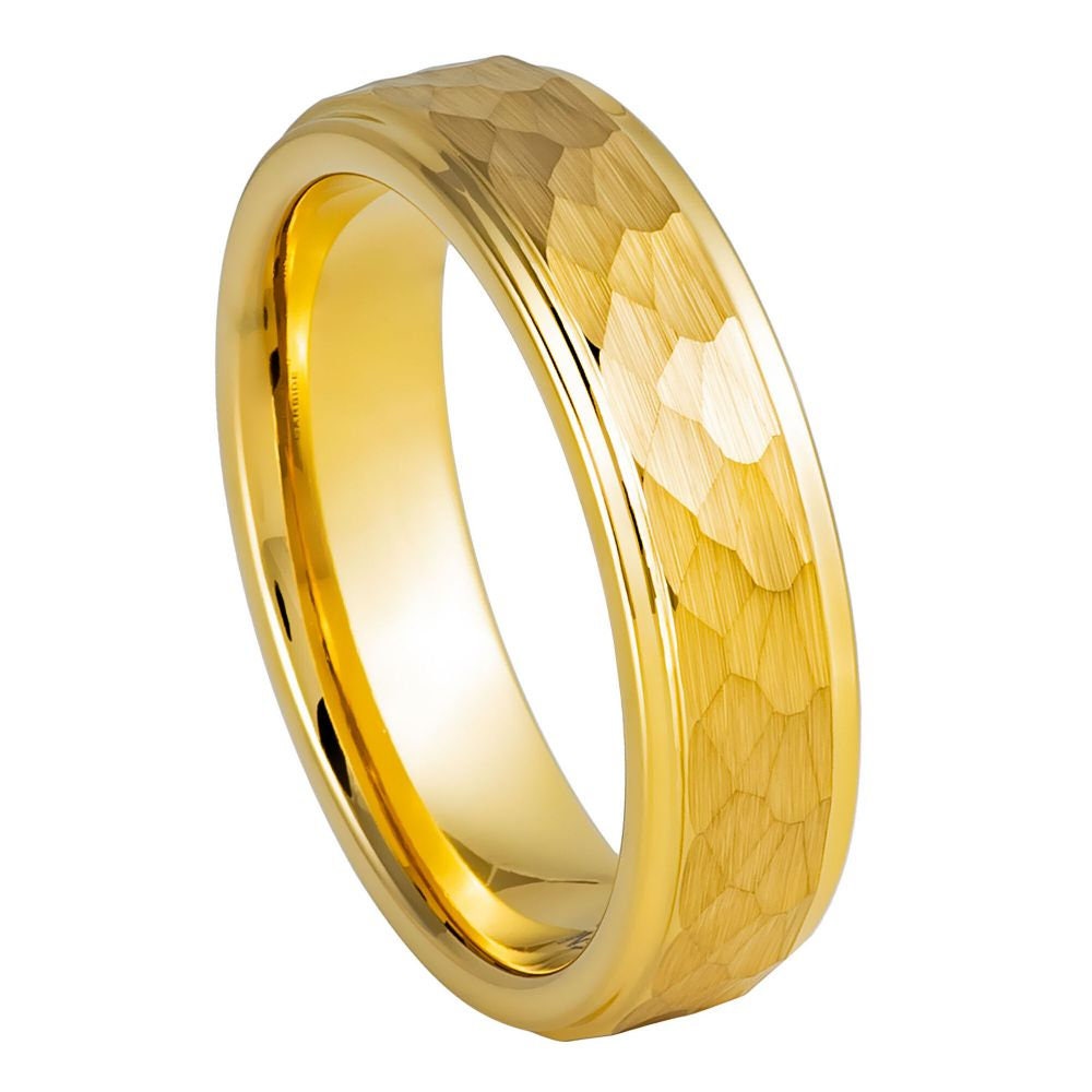 Gold Band with Yellow Gold Hammered Tungsten Engagement Tungsten Ring