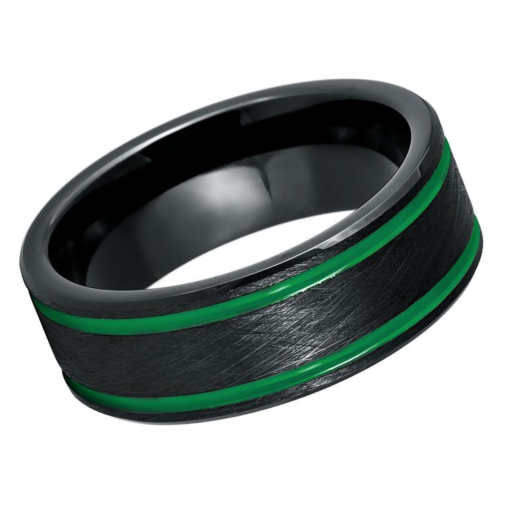 Black IP Plated Ice Finish with Two Green Thin Lines- 8mm Tungsten Tungsten Ring