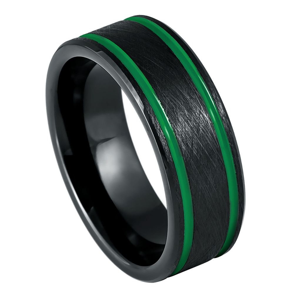 Black IP Plated Ice Finish with Two Green Thin Lines- 8mm Tungsten Tungsten Ring