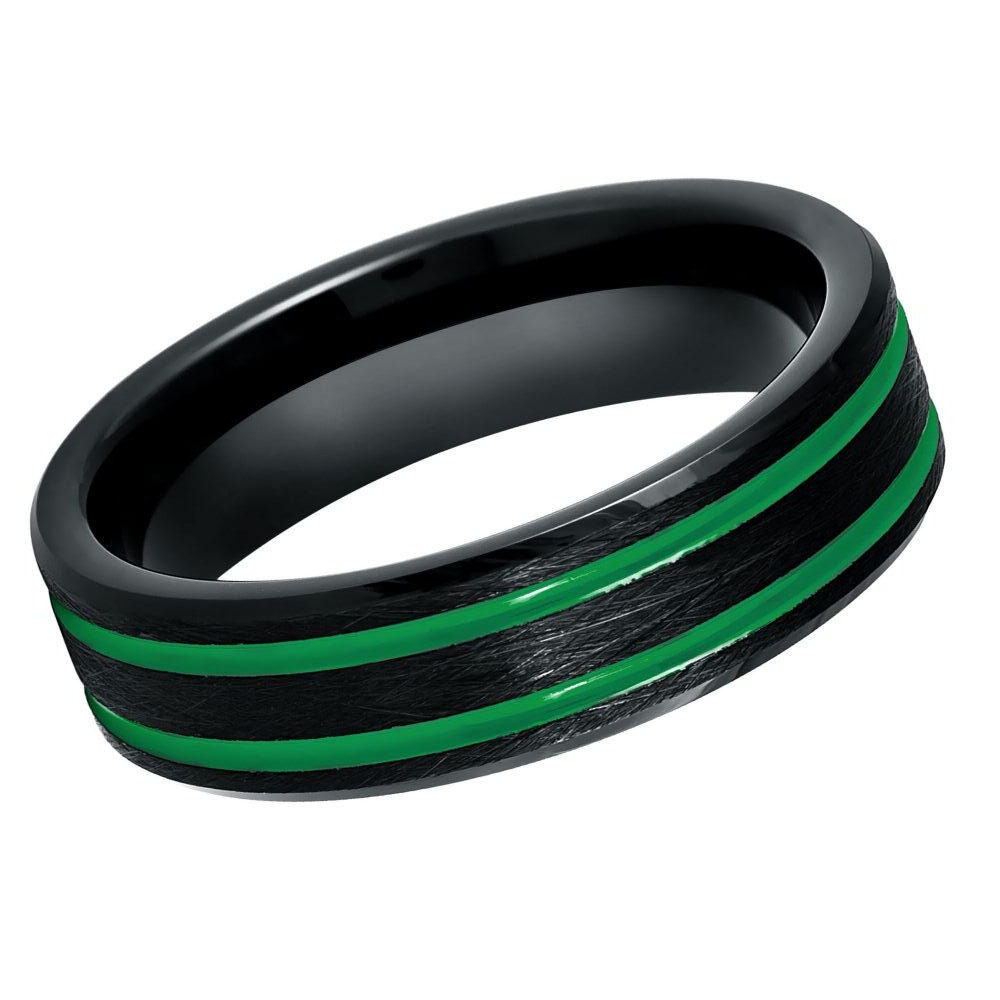 Black IP Plated Ice Finish with Two Green Thin Lines- 6mm Tungsten Tungsten Ring