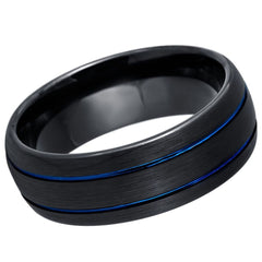 Dome Black IP Tungsten and Two Blue IP Grooves 6mm and 8mm Tungsten Tungsten Ring