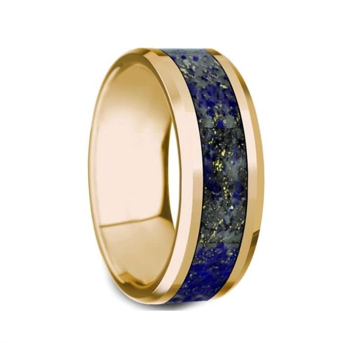 LAZARUS 14k Yellow Gold Polished Beveled Edges Mens Wedding Ring with Blue Lapis Lazuli Inlay - 8mm, Men Wedding and Promise Rings