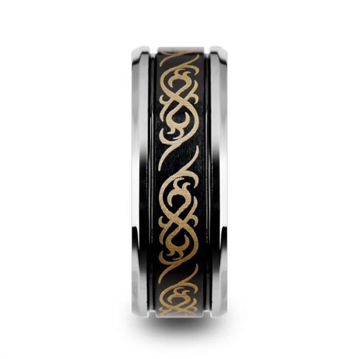 RAIZEN Black Tungsten Carbide Wedding Ring with Dual Offset Grooves and Laser Engraved Celtic Pattern Polished and Beveled Edges - 9mm