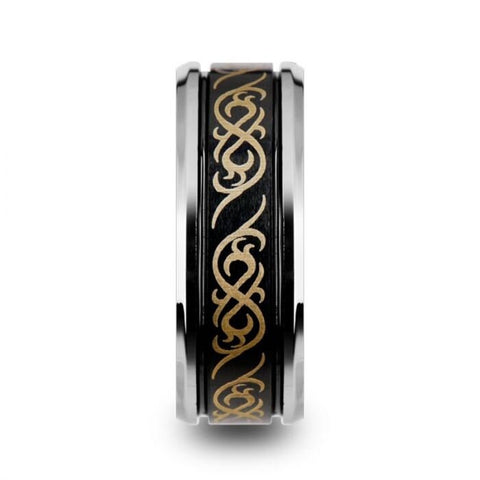 RAIZEN Black Tungsten Carbide Wedding Ring with Dual Offset Grooves and Laser Engraved Celtic Pattern Polished and Beveled Edges - 9mm