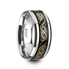 RAIZEN Black Tungsten Carbide Wedding Ring with Dual Offset Grooves and Laser Engraved Celtic Pattern Polished and Beveled Edges - 9mm