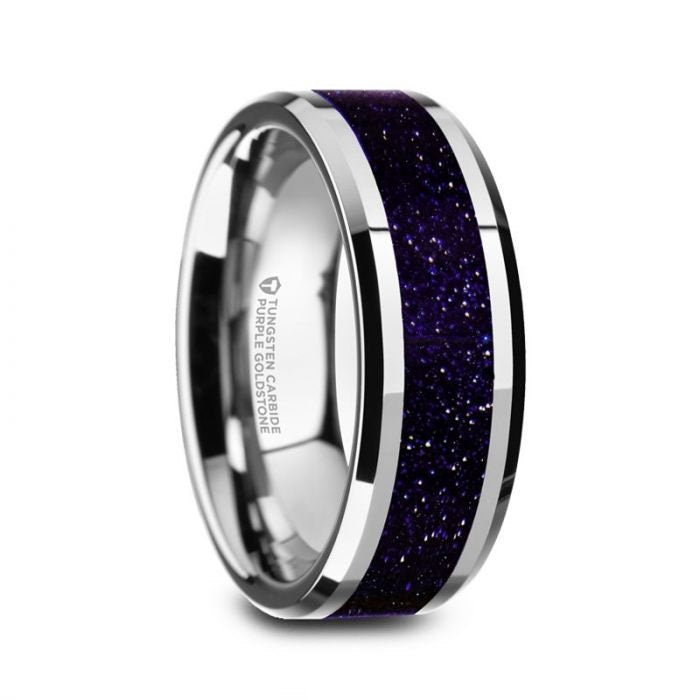 MAKI Mens Beveled Polished Finish Tungsten Wedding Ring with Purple Goldstone Inlay - 8mm, Men  and Women Wedding and Promise Rings.