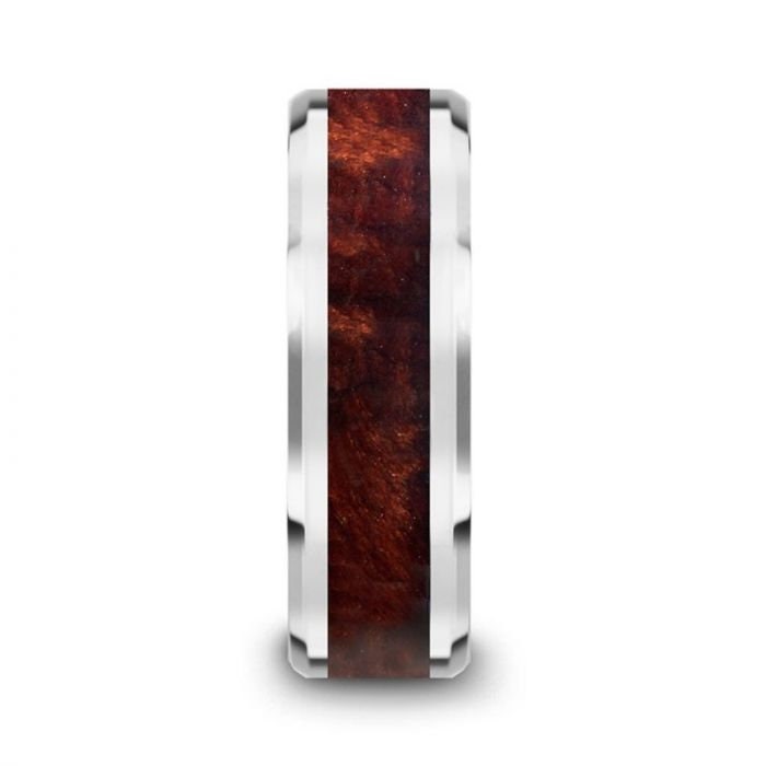 AUBURN Red Wood Inlaid Tungsten Carbide Ring with Bevels - 8mm, Men  and Women Wedding and Promise Rings.