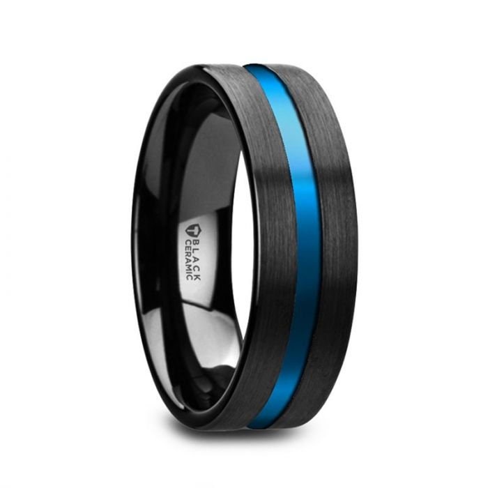 WESTLEY Flat Brushed Finish Black Ceramic Mens Wedding Ring with Blue Grooved Center - 8mm, Men  and Women Wedding and Promise Rings.