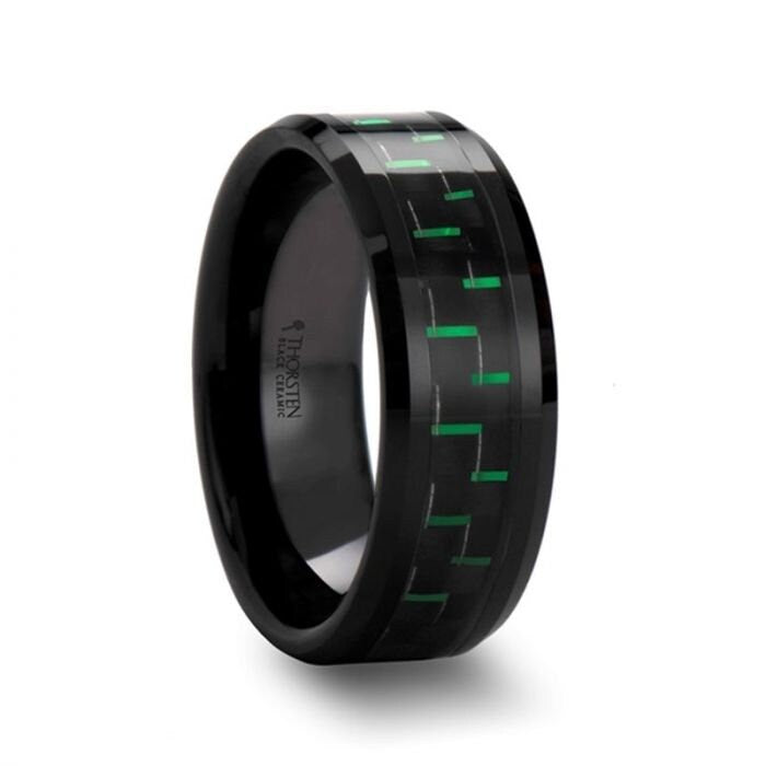 ATILUS Beveled Black Ceramic Wedding Band with Black & Green Carbon Fiber - 8mm, Men  and Women Wedding and Promise Rings.