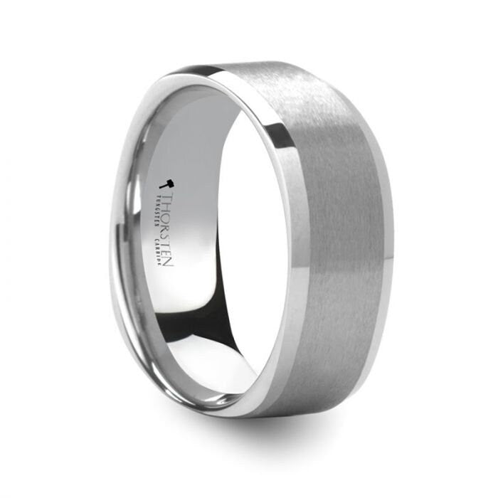 STERLING Square Shape White Tungsten Ring with Brush Finished Center - 8mm, Men  and Women Wedding and Promise Rings.